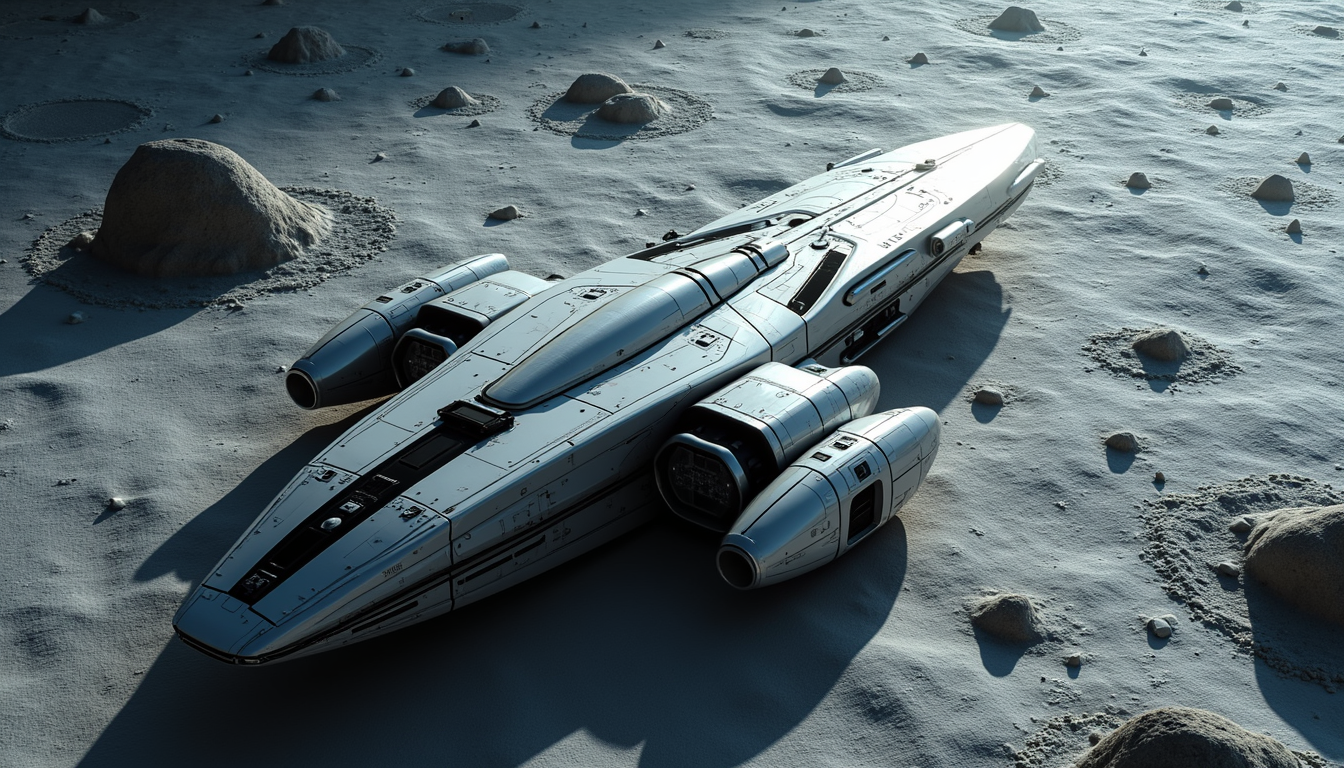 High angle view of a futuristic spacecraft docked at a lunar base