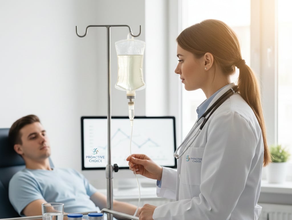 A healthcare professional at Proactive Choice administering intravenous chelation therapy using EDTA to a patient in a clinical setting for lead poisoning treatment.