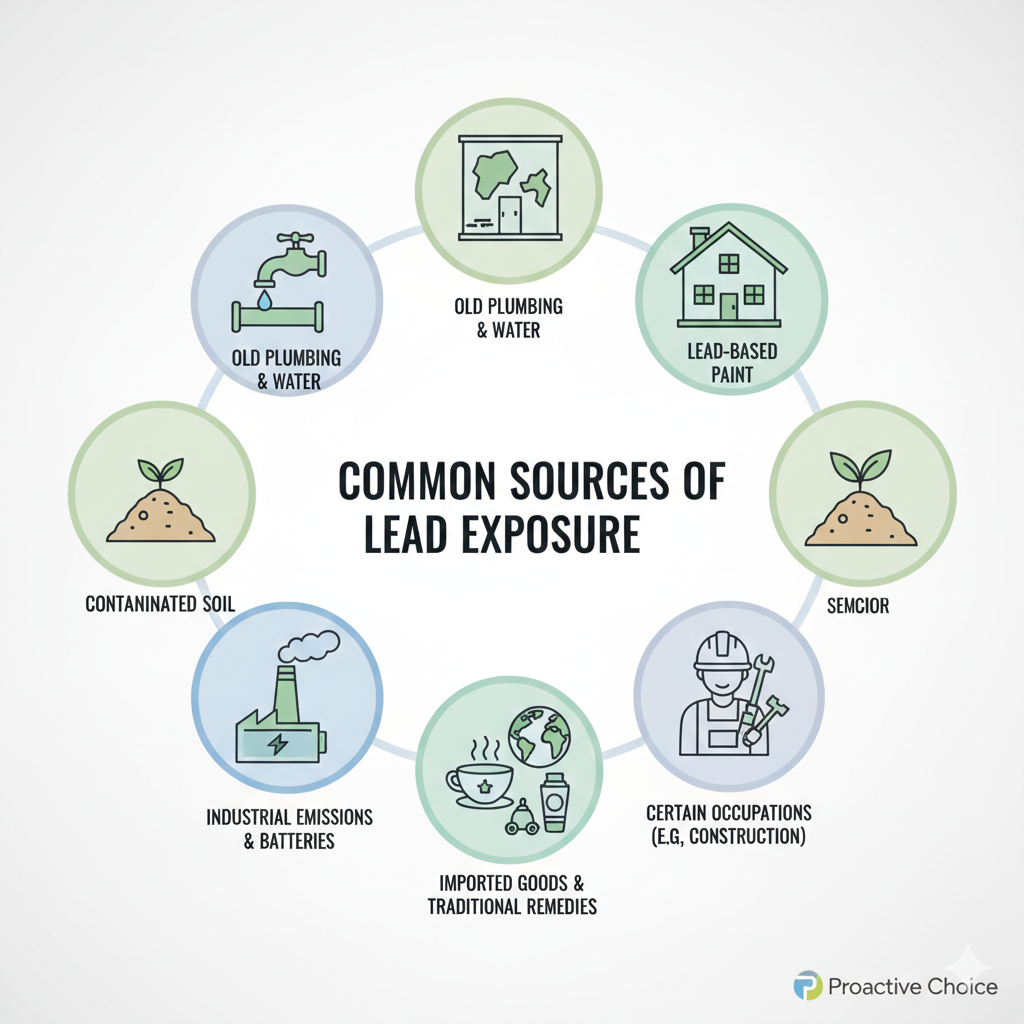 Infographic showing common sources of lead exposure, including lead-based paint, old plumbing and water, contaminated soil, industrial emissions, and imported goods.