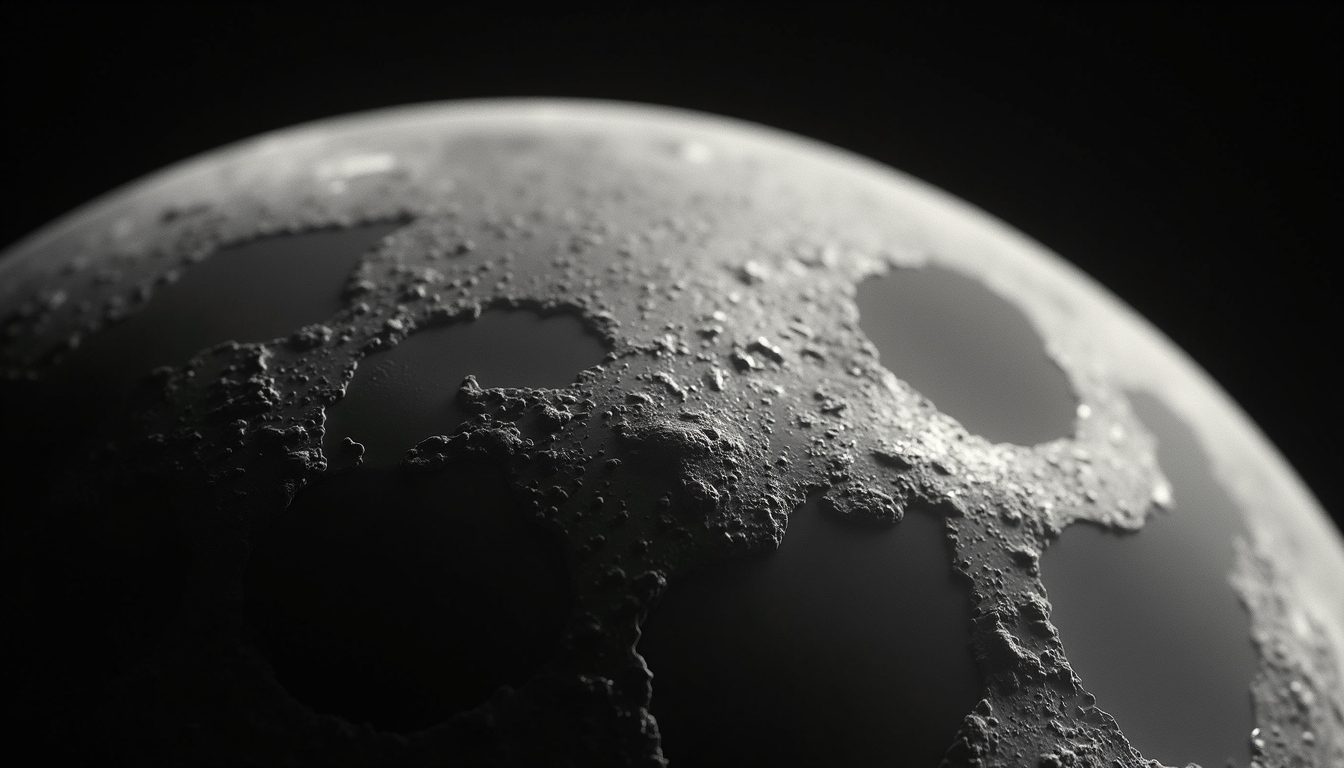 Close-up view of the Moon’s surface showing craters and shadows
