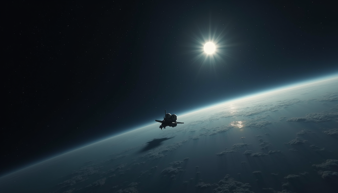 Eye-level view of a spacecraft heading toward the Moon against a starry sky
