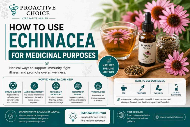 Echinacea tea, tincture, and capsules showing different medicinal forms of echinacea