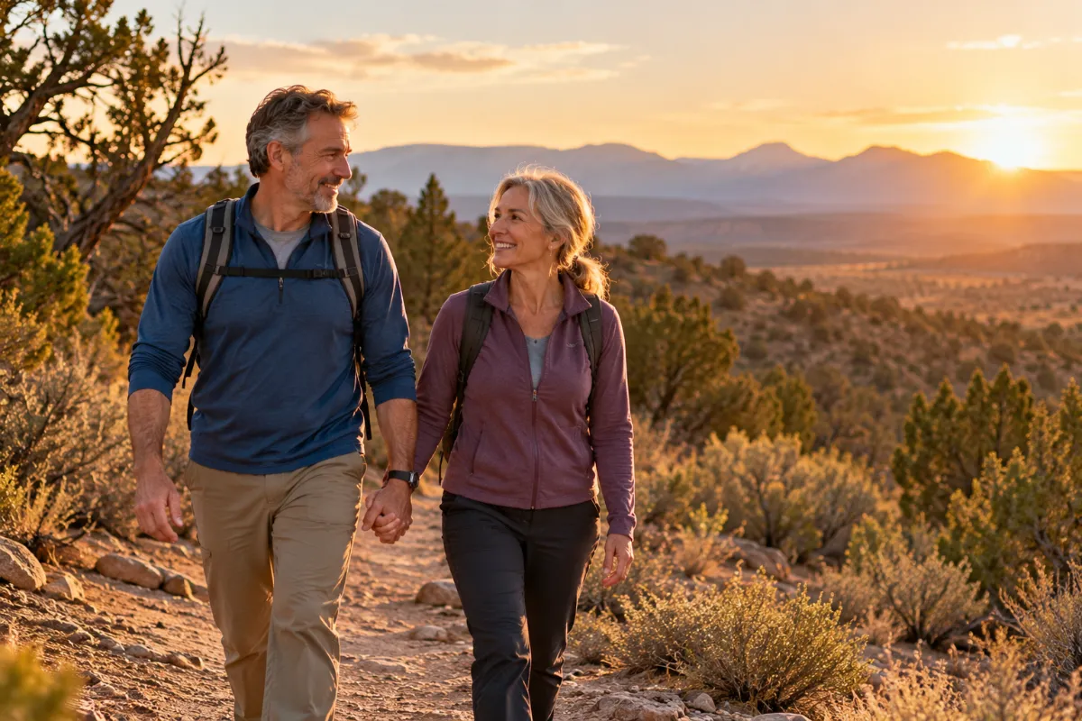 Couple in their late 50s walking a trail, the age range when andropause becomes a question