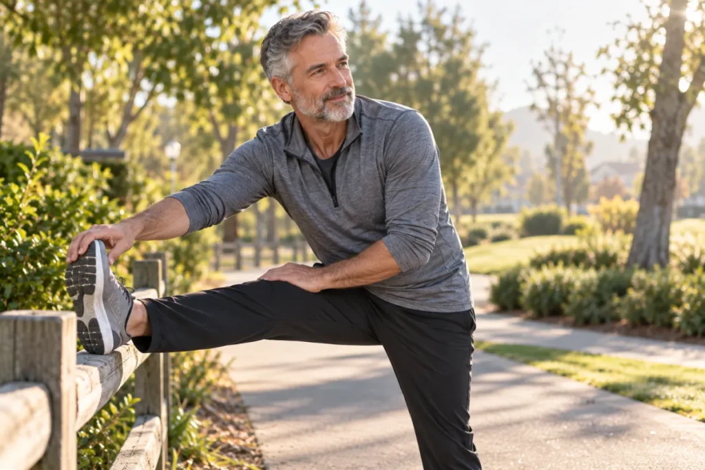 Man in his late 50s stretching before a morning walk, the age range when andropause symptoms often show up