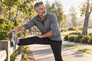 Man in his late 50s stretching before a morning walk, the age range when andropause symptoms often show up