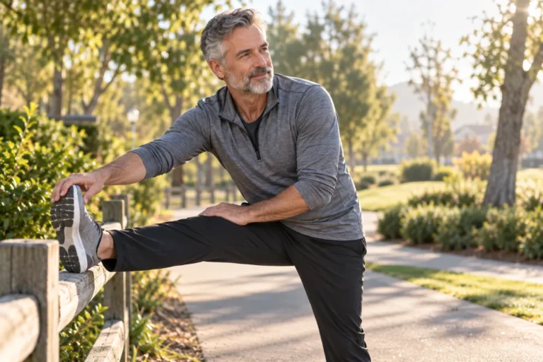 Man in his late 50s stretching before a morning walk, the age range when andropause symptoms often show up