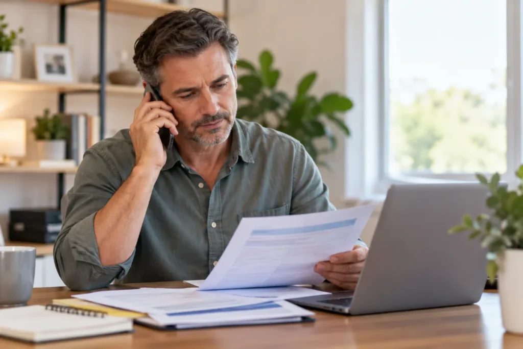 Man on a phone call reviewing health plan paperwork to check if insurance covers testosterone therapy