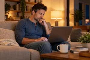 Man reading medical research on a laptop about whether masturbation lowers testosterone