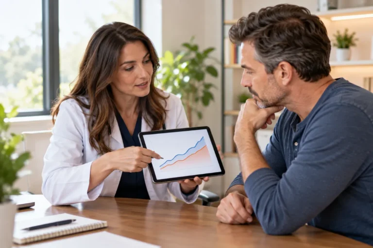 Clinician reviewing a hormone chart on a tablet with a man to check for high estradiol in men