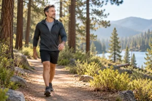 Man in his 40s on a morning trail walk, one way to boost testosterone naturally