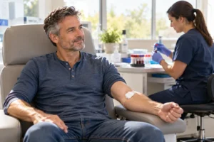 Man with a bandage on his arm after an early-morning blood draw to test testosterone levels
