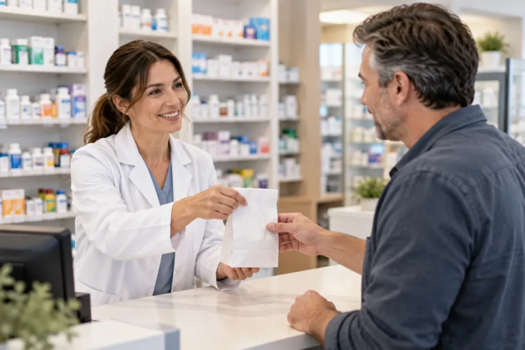 Pharmacist handing a prescription bag to a man, since testosterone is a prescription-only controlled substance
