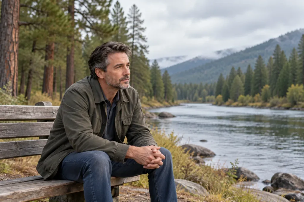 Man in his 40s sitting by a river and wondering whether low testosterone can cause anxiety and depression