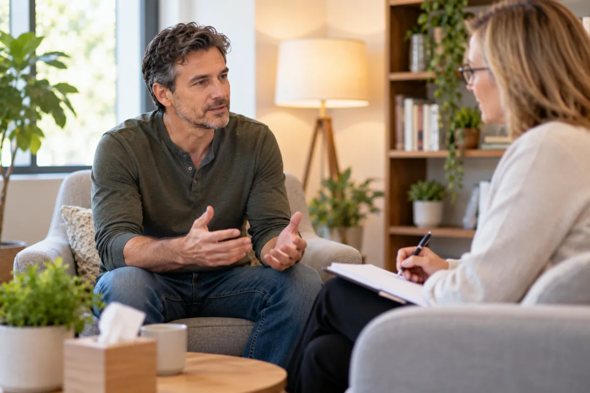Man talking with a counselor about anxiety and depression that may be linked to low testosterone