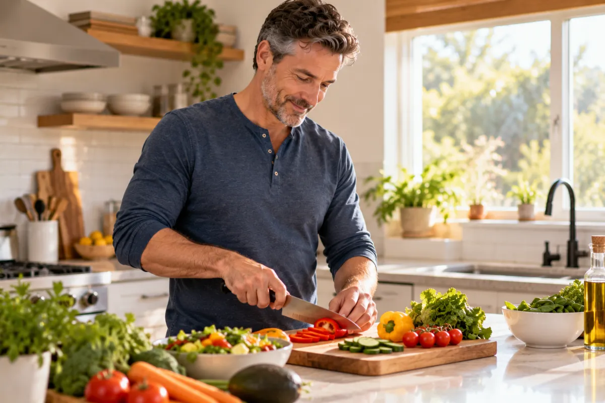 Man in his 50s preparing a vegetable-rich meal, since weight gain and low testosterone are linked
