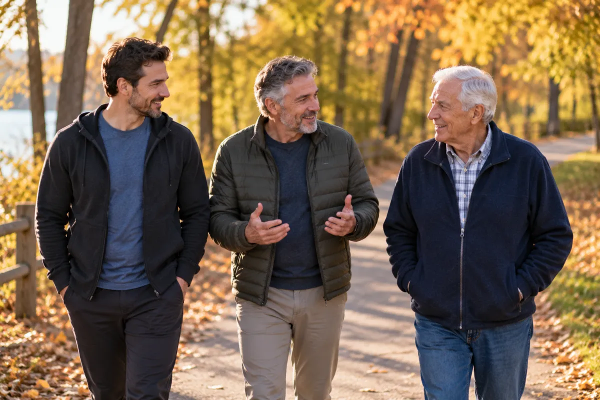 Men in their 30s, 50s and 70s walking together, since normal testosterone levels change by age