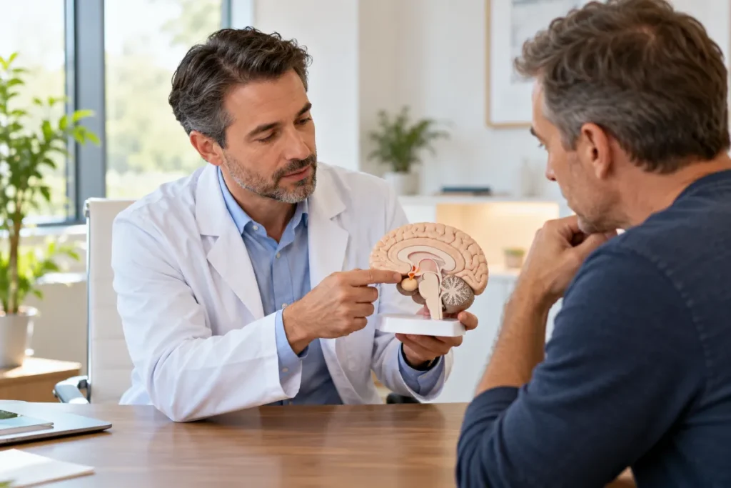 Doctor explaining the pituitary gland on a brain model to a man with secondary hypogonadism