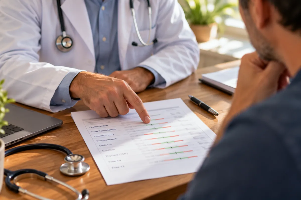 Doctor pointing at LH and FSH results on a hormone lab report while checking for secondary hypogonadism