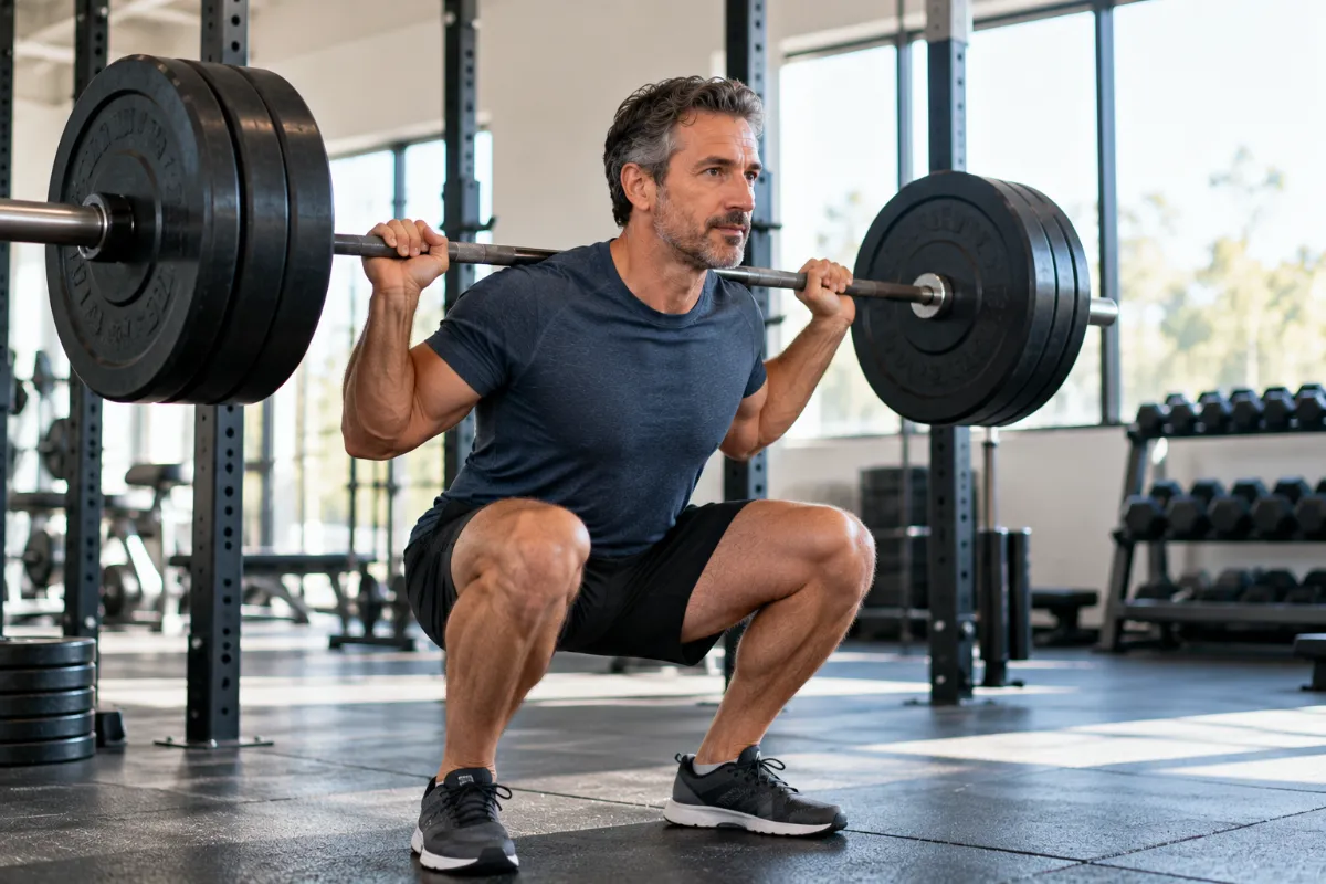 Man in his 40s doing barbell squats as part of a plan to raise testosterone naturally