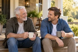 Father in his 60s and son in his 30s on a porch, showing how testosterone levels change by age