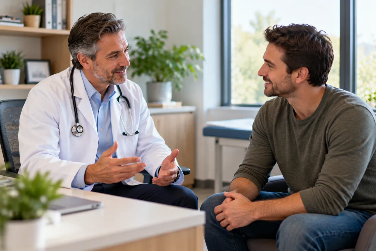 Man asking a doctor whether masturbation lowers testosterone during a relaxed consultation