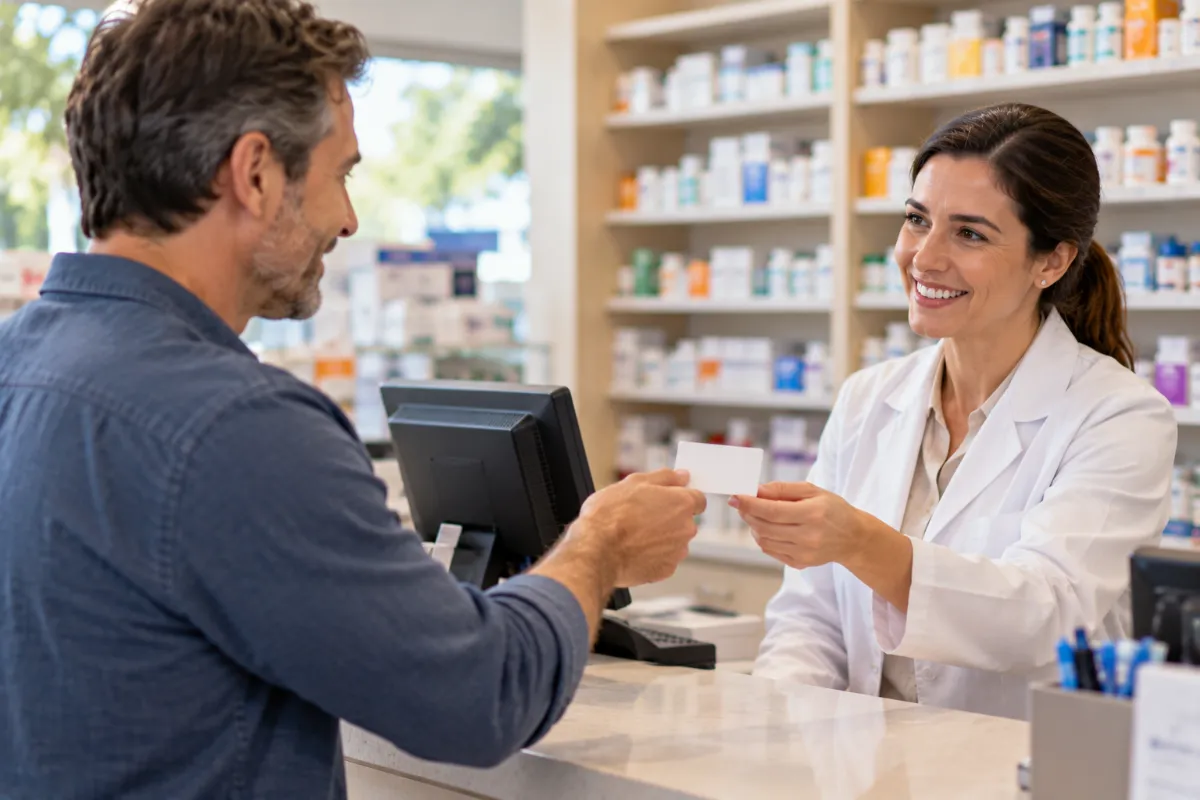 Man handing his insurance card to a pharmacist when filling a testosterone therapy prescription