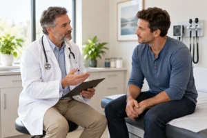 Doctor going over a health history with a man to find what causes low testosterone in men